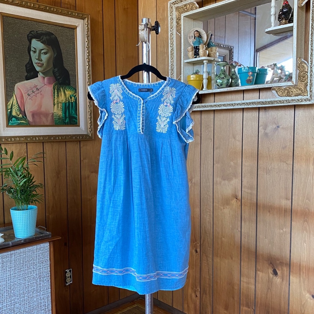 Theme Embroidered Denim Chambray Dress